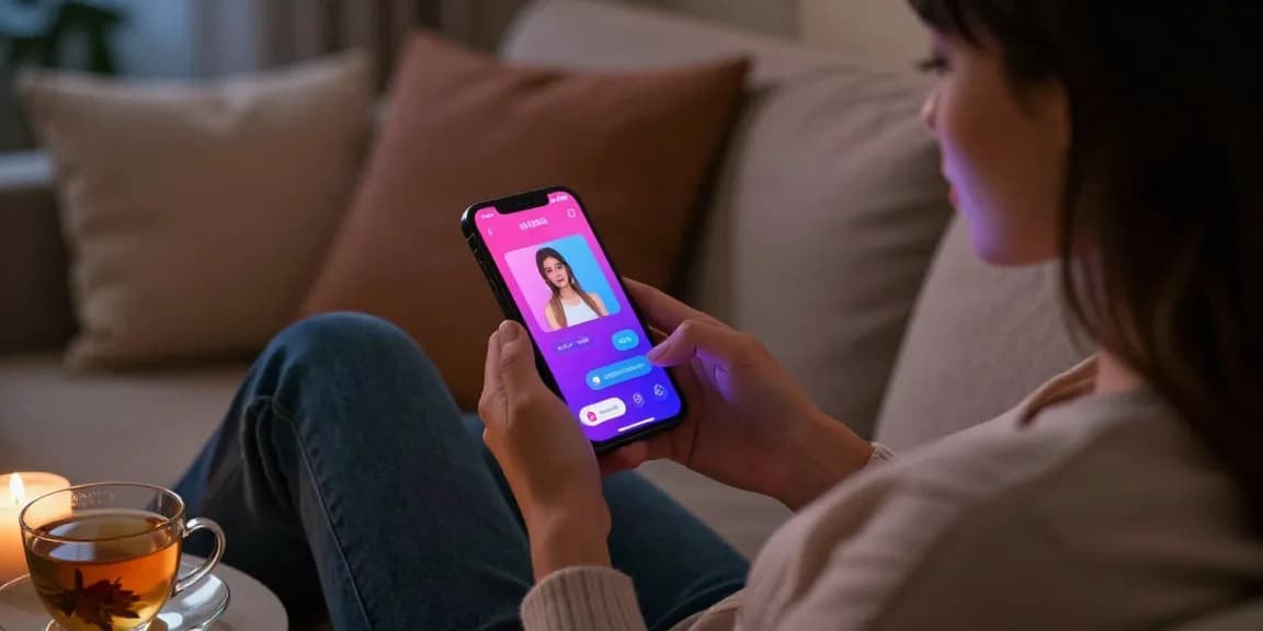 Engaging in ai sex chat on a cozy sofa with a personalized app interface.