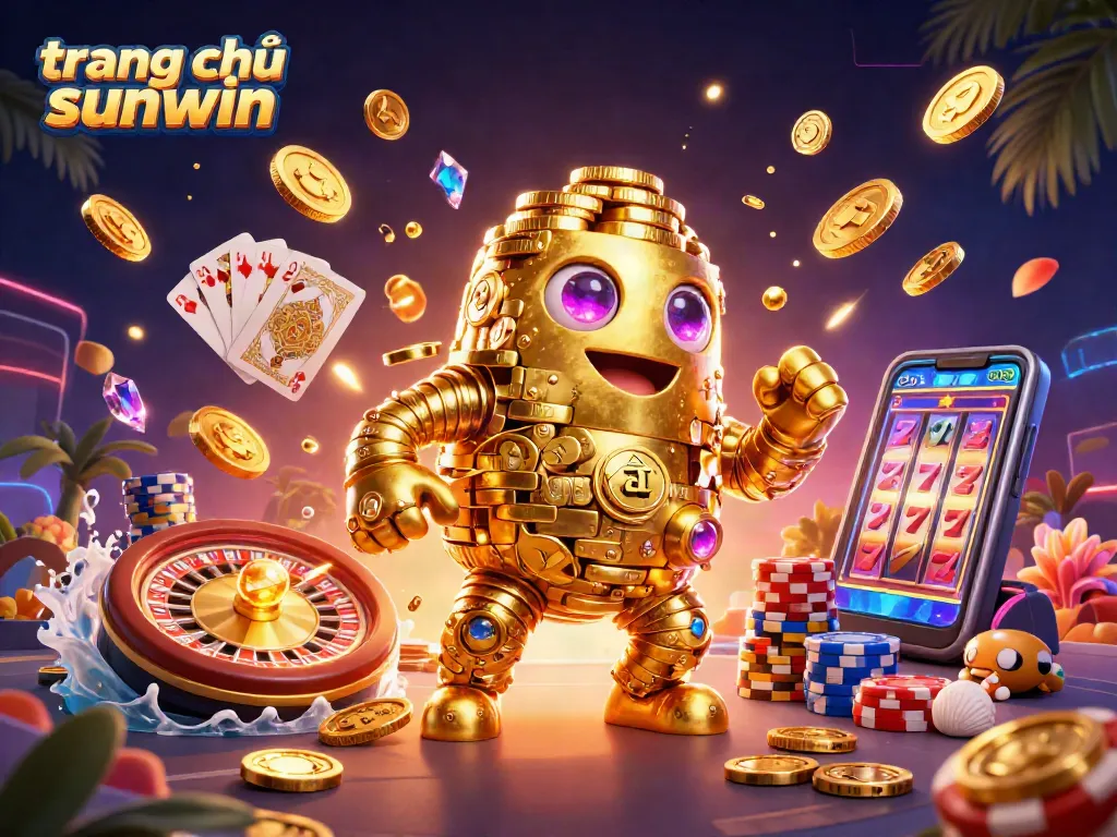 Play slots on trang chủ sunwin with a vibrant 3D casino illustration featuring a golden golem.