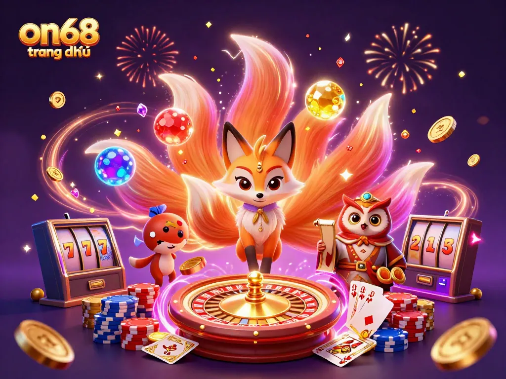 Experience vibrant gaming with on68 trang chủ featuring a mystical fox, owl sage, and dynamic casino elements.