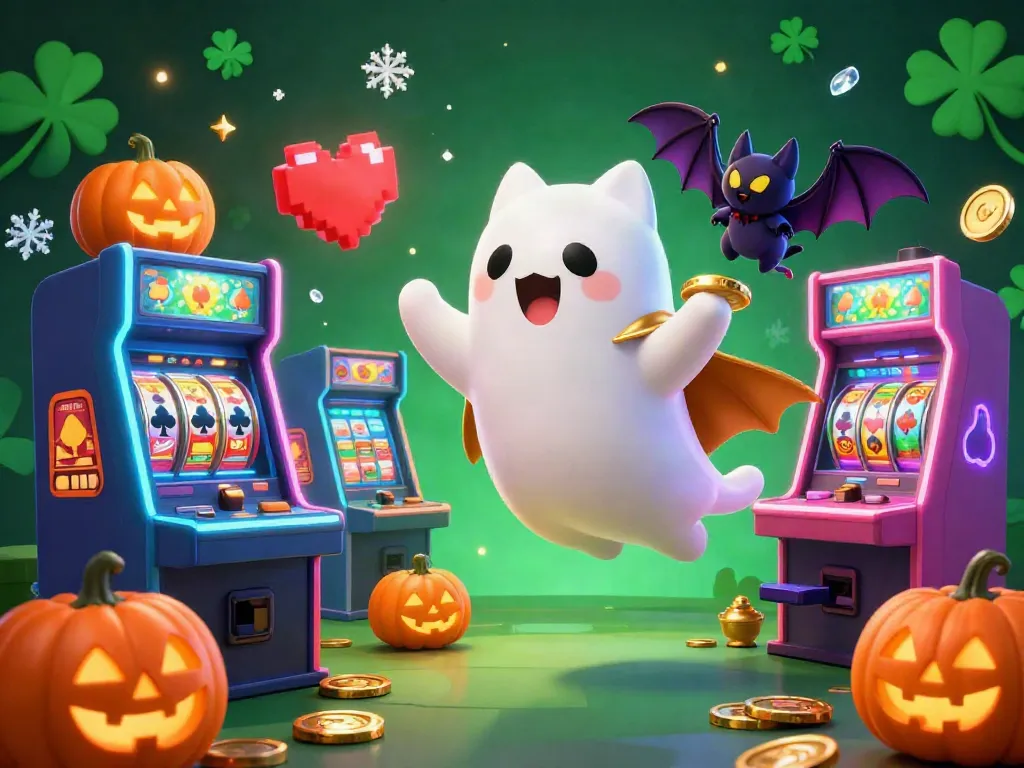 Experience fun with slot depo 5k in an exciting casino scene featuring a ghost cat and its bat companion.