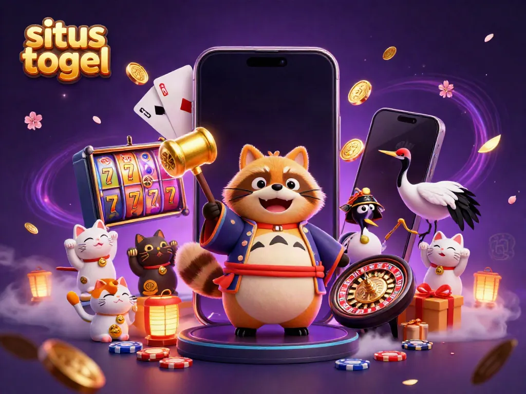 Situs togel-themed 3D illustration showcasing a cheerful tanuki and slot game elements for online gambling.