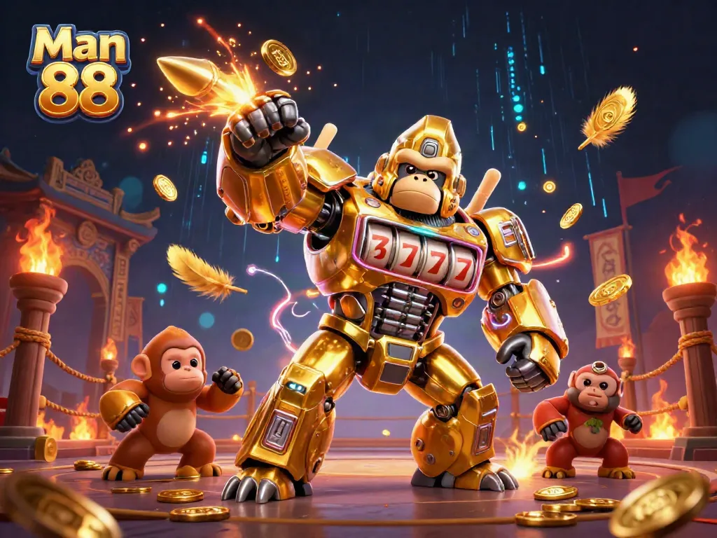 Join the action at Man 88 with a golden gorilla mech celebrating casino wins in a vibrant arena.