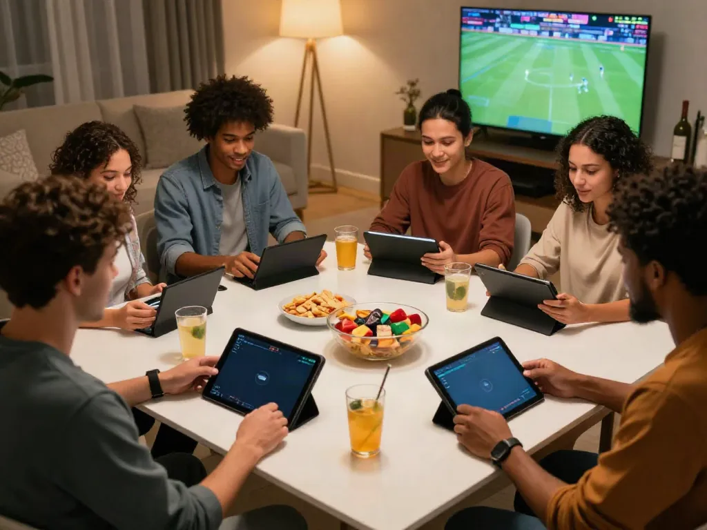 Friends enjoying online gambling together in a cozy setting with nhà cái man88.