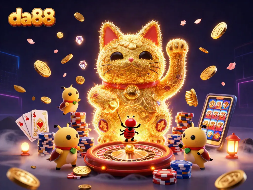 Experience the excitement of da88 with a dynamic giant lucky cat surrounded by casino symbols and vibrant game elements.