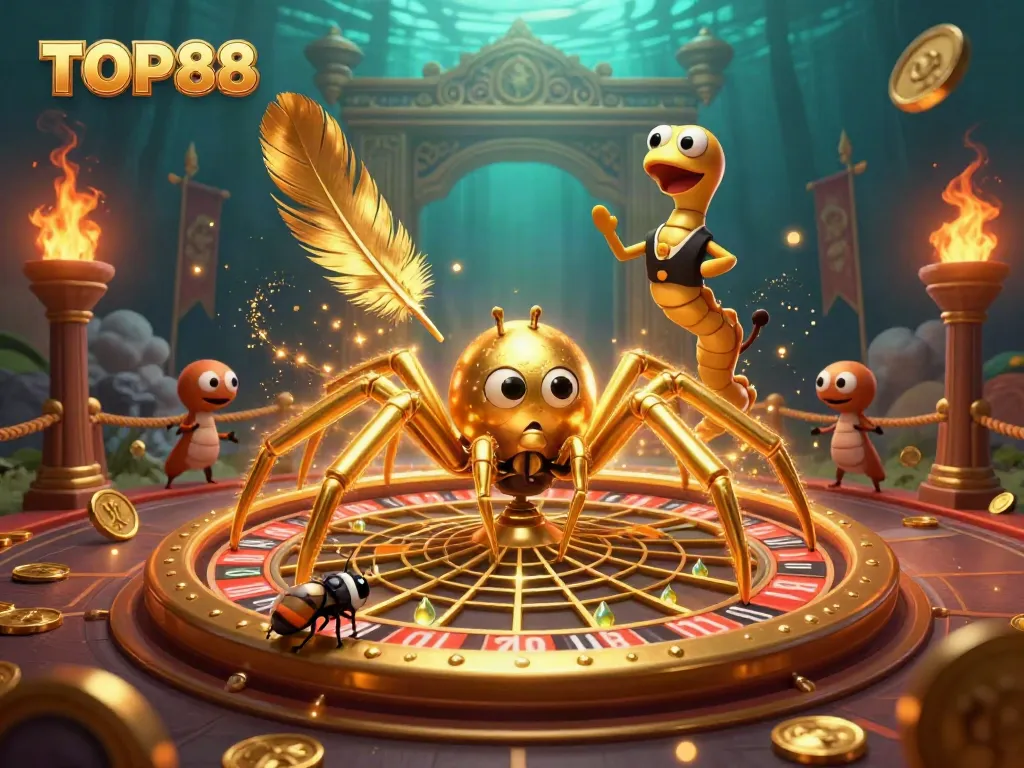 TOP88 brings excitement as a golden spider spins a roulette wheel web in a vibrant casino scene.