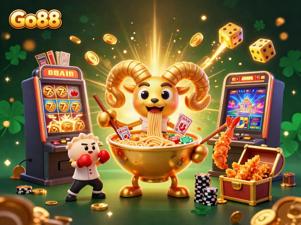 Go88's vibrant casino scene showcases dynamic gaming elements with golden ramen bowl characters.