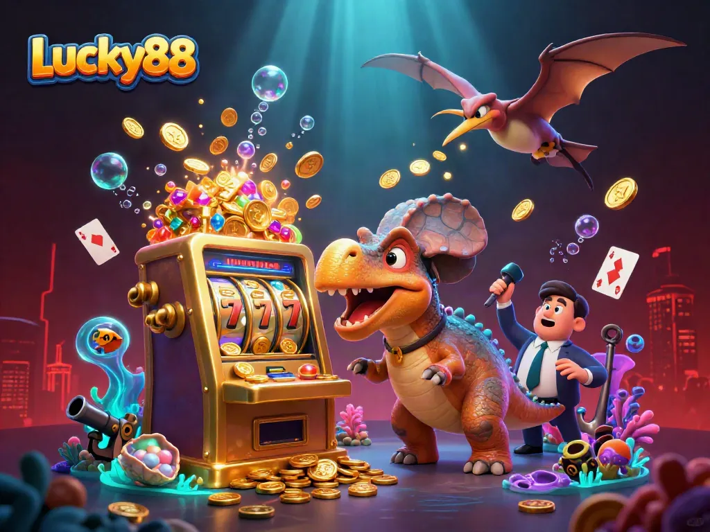 Lucky88 features a dinosaur winning jackpots with a golden slot machine amidst flying coins and glowing elements.