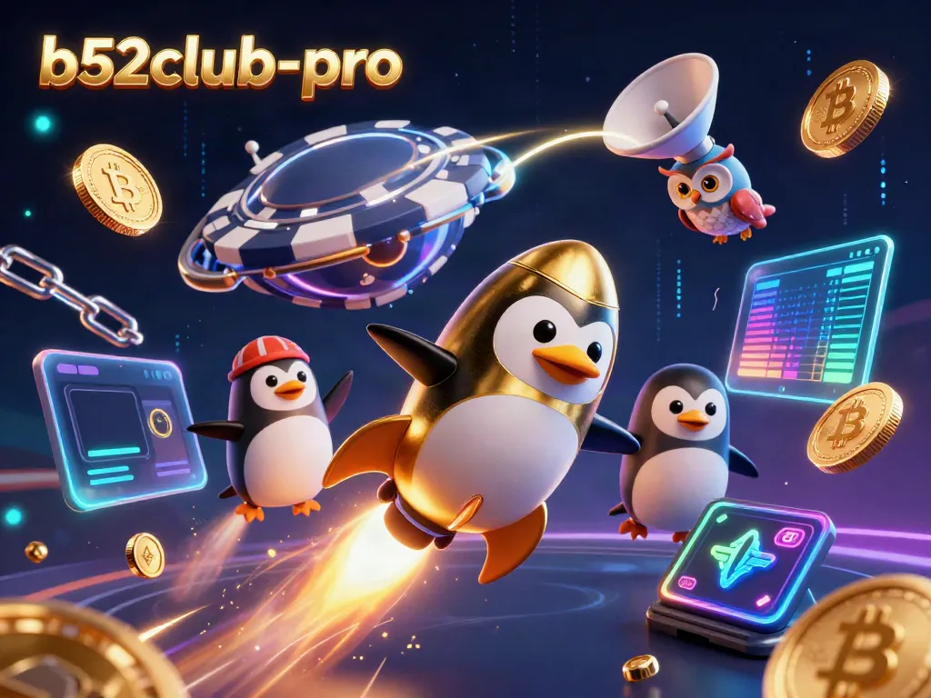 Experience the excitement of b52club-pro with a golden penguin and vibrant casino themes in a cosmic adventure.