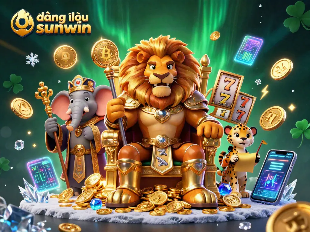 Log in to Sunwin's exciting gambling games with a majestic lion and vibrant casino elements.