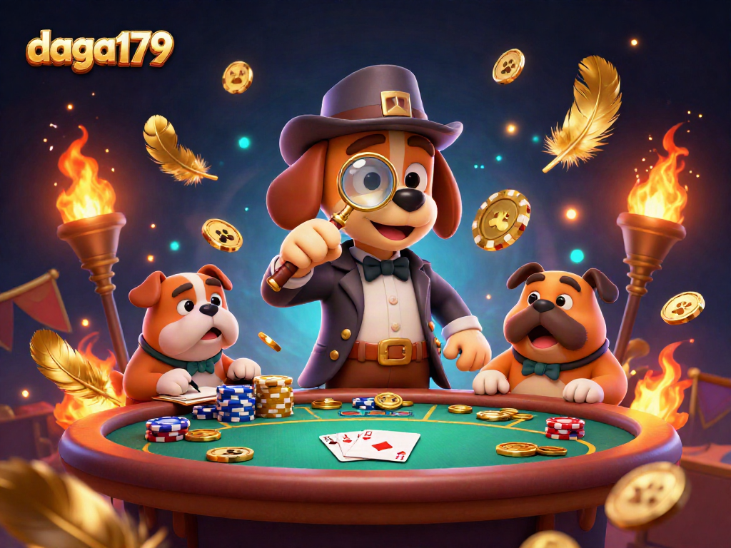 Engage in poker action with daga179 while a detective investigates a golden poker chip amidst vibrant casino elements.