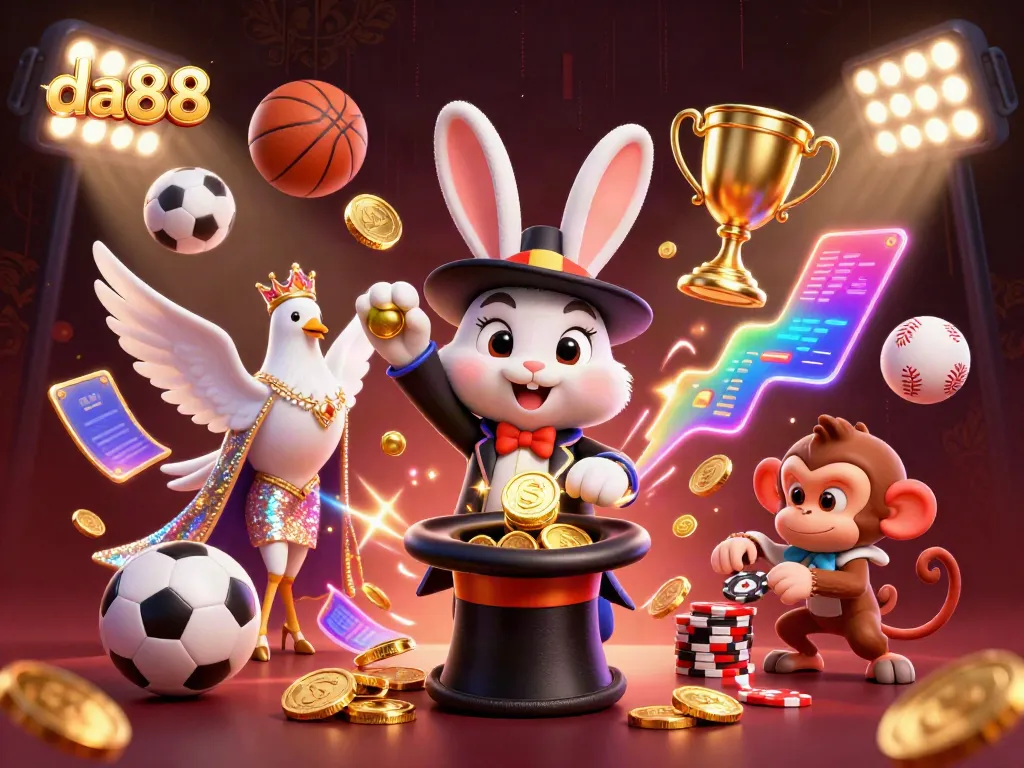 Experience the thrill of da88 with a lively 3D casino scene featuring a magician rabbit and dazzling game elements.