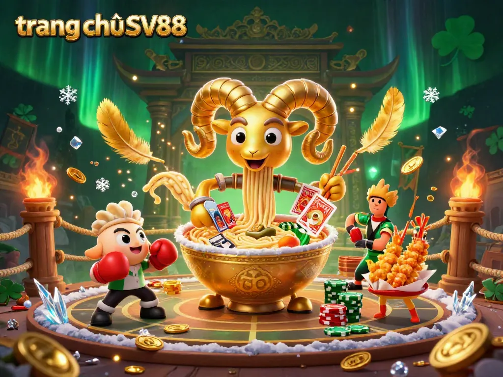 Engaging scene depicting characters from trang chủ SV88 gaming, featuring a ramen bowl dealer surrounded by vibrant casino elements.