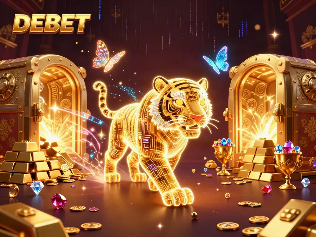 Experience thrilling gameplay at DEBET with a neon tiger in a vibrant casino landscape.