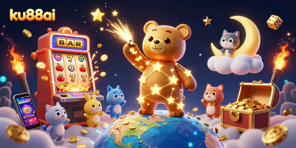 Engaging illustration showcasing ku88ai's vibrant online casino atmosphere with dynamic slot elements.