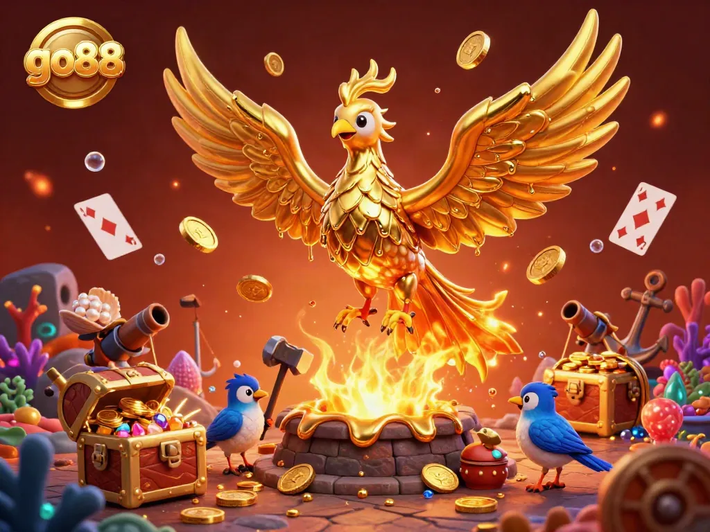 Experience the thrilling allure of go88 with a molten golden phoenix and vibrant casino elements.