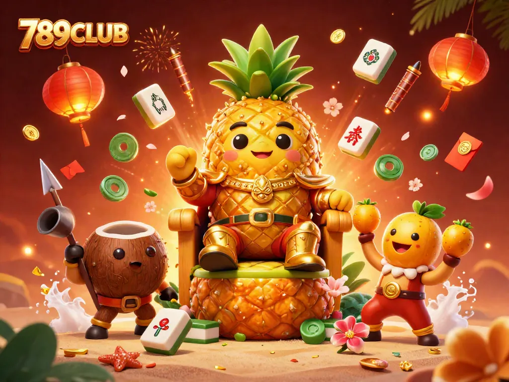 Engage in thrilling gameplay at 789CLUB with vibrant casino elements and characters adorning a beach scene.