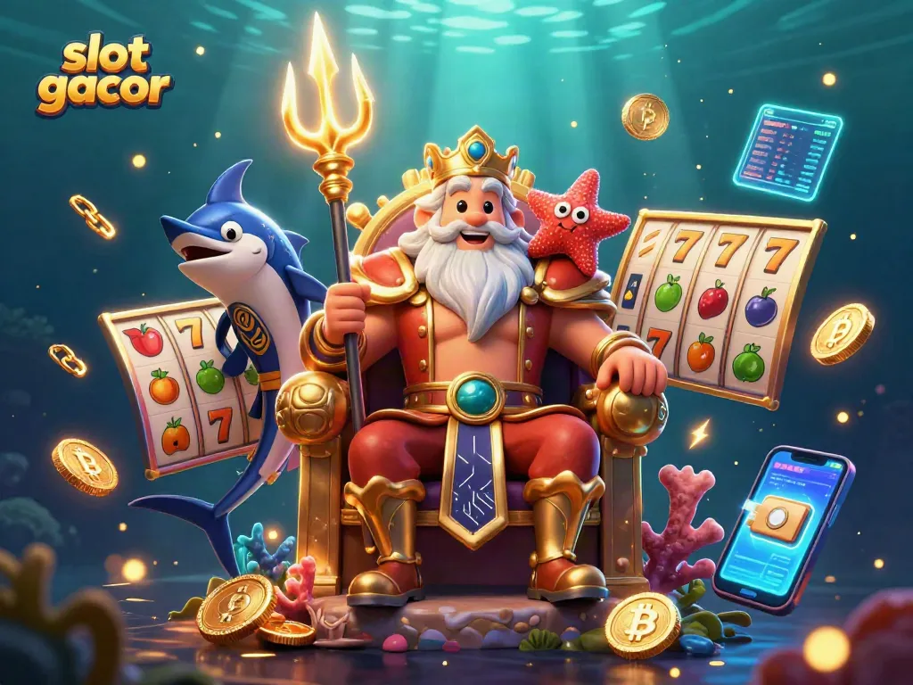 Spin the reels for slot gacor rewards, featuring Neptune and vibrant casino elements.