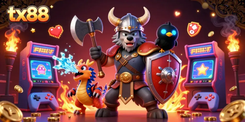 Engage with tx88's thrilling features as a Viking wolf warrior and fierce dragon inspire gaming adventures.