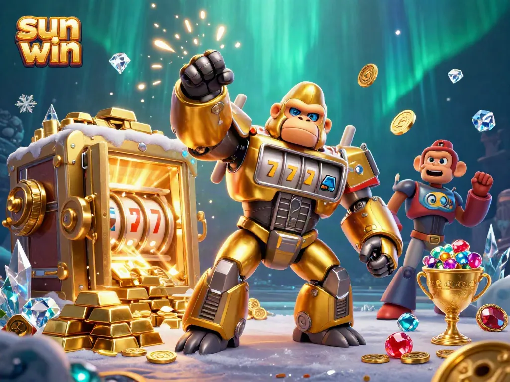 Experience the sun win gaming adventure with a dynamic golden gorilla mech amidst treasure.