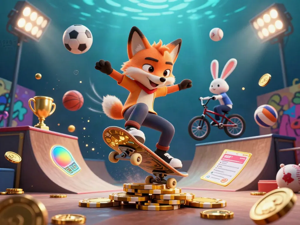 Engage with UK88 in a vibrant 3D scene featuring a skateboarder fox and BMX rabbit amidst dynamic sports elements.