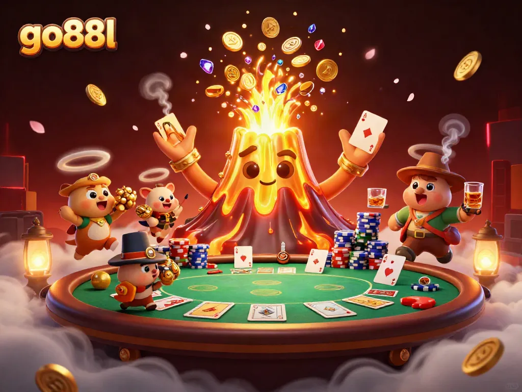 Win big at go88l with animated golden volcano and a treasure escape in a vibrant casino setting.