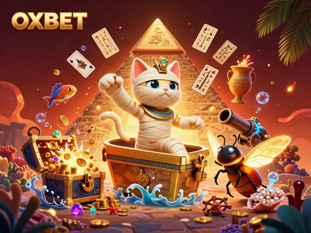 Experience the excitement of OXBET's thrilling casino with a vibrant scene featuring a mummy cat and a beetle.