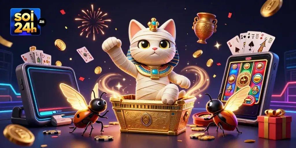 This dynamic 3D illustration for soi cầu 24h features an Egyptian mummy cat in a casino, showcasing vibrant gambling elements.