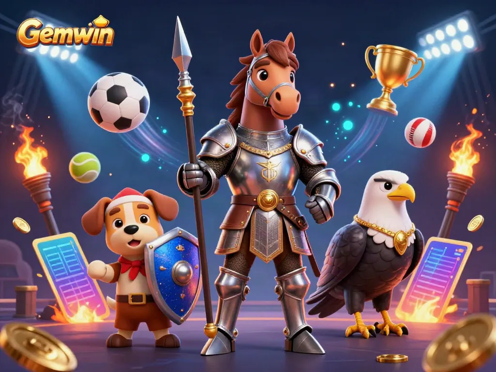 Engage in exciting gameplay at Gemwin with a knight and puppy amidst sports-themed elements.