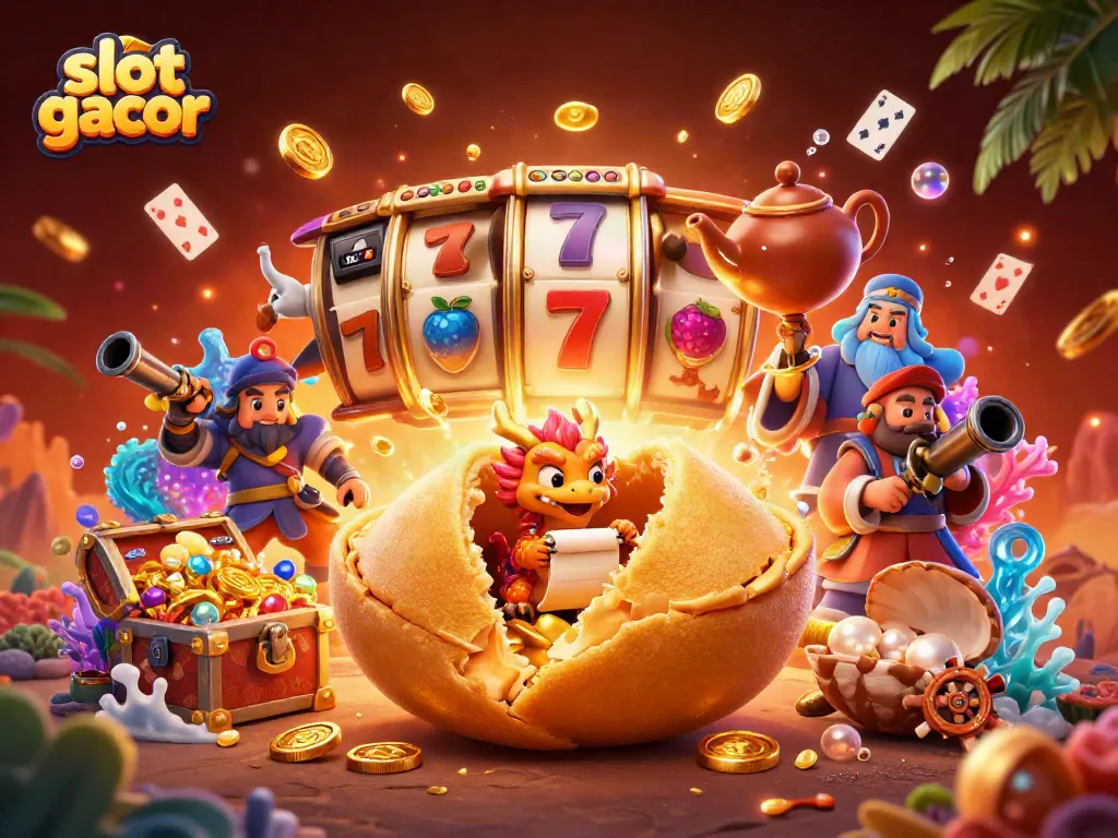 Experience the excitement of slot gacor with dynamic characters and vibrant casino elements in this captivating illustration.