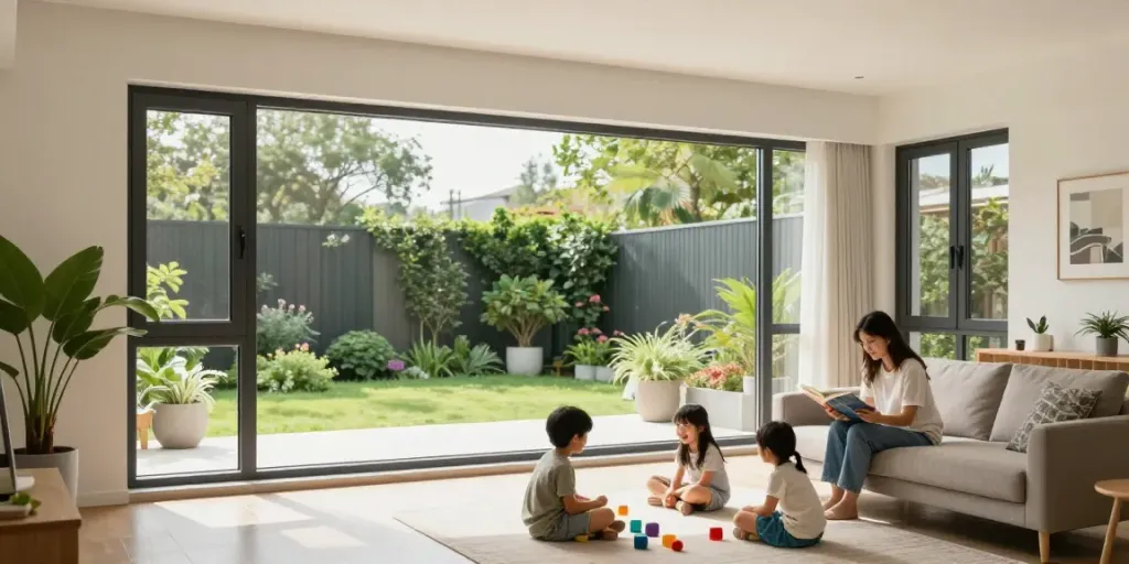 Inviting living room with Conch uPVC windows and doors, showcasing family comfort and elegance.