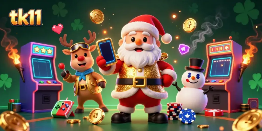 tk11 brings a lively casino atmosphere featuring Santa, a reindeer, and a snowman amidst arcade games.