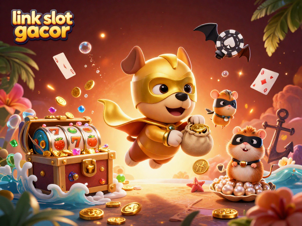 Spin and win with link slot gacor, capturing the action of a cartoon superhero dog and hamster amidst vibrant casino elements.
