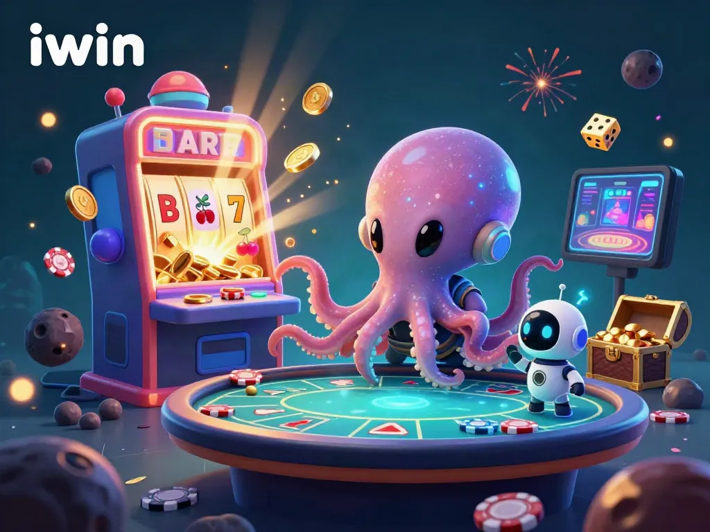 iwin features an alien octopus at a poker table, surrounded by vibrant casino elements and thriving energy.