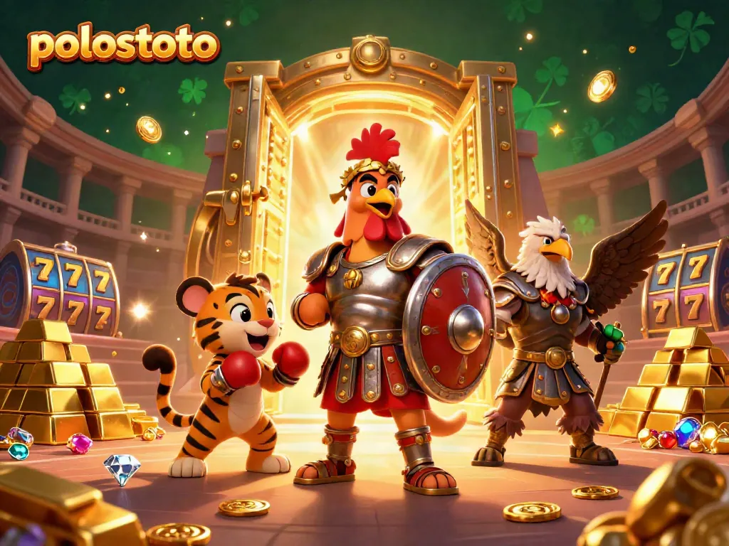 Experience thrilling slots with Polostoto featuring a vibrant 3D scene of a rooster, tiger cub, and eagle.