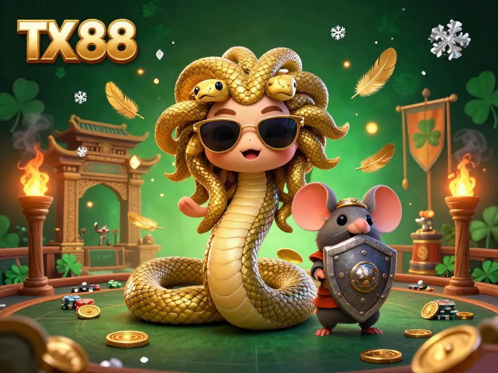 Experience thrilling jackpots with TX 88 amidst a dynamic casino scene featuring Medusa and a warrior mouse.