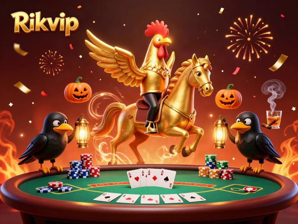 Rikvip offers vibrant casino experiences featuring a golden rooster and poker scene in a magical setting.