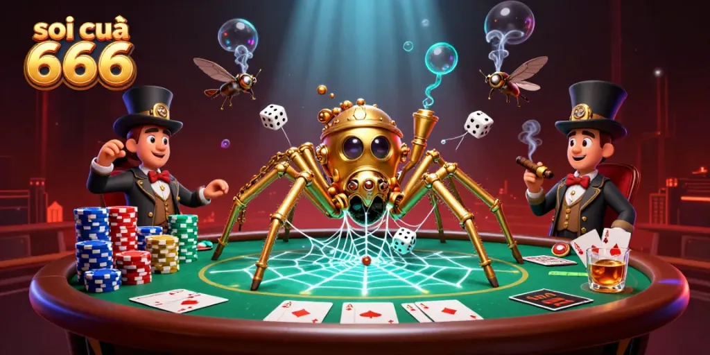 Experience thrilling action with soi cầu 666 as a golden spider weaves through a dynamic poker scene.