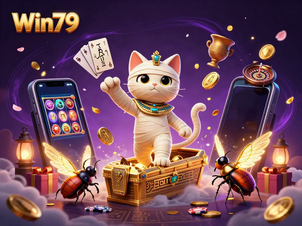Experience exciting gameplay with Win79 as the Egyptian mummy cat bursts through a golden casino in rich detail.