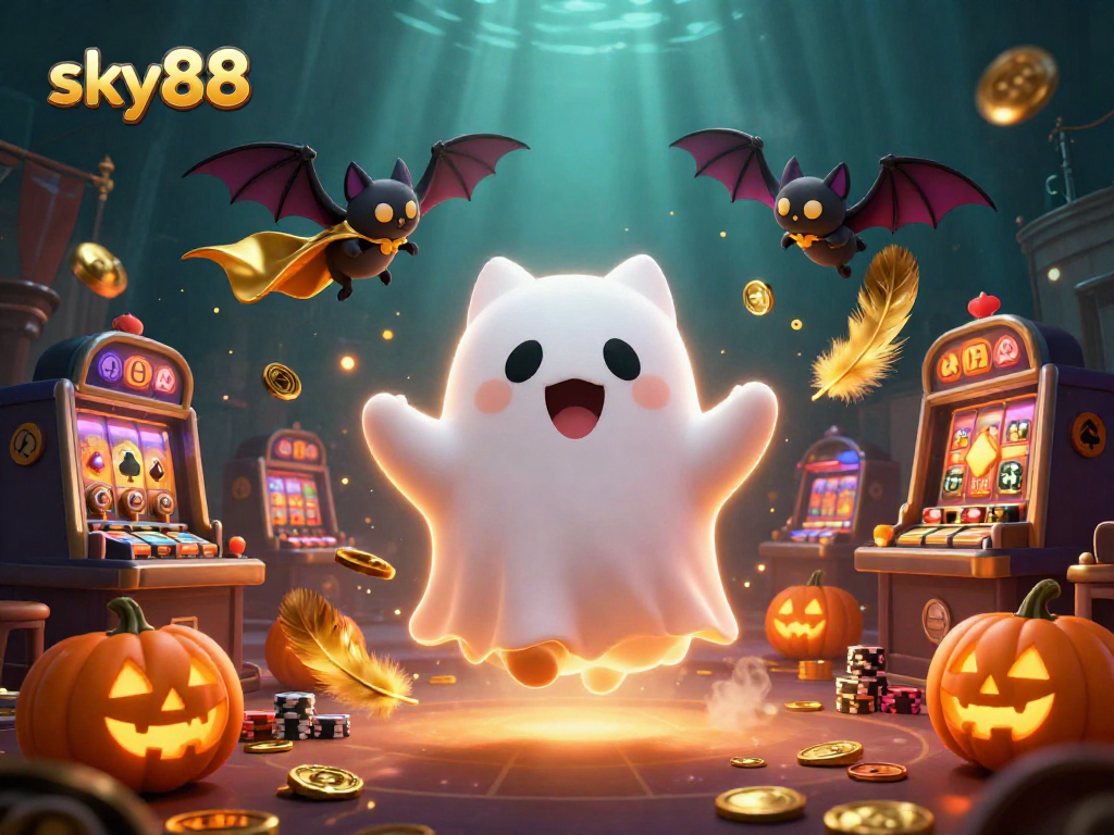 Engaging scene with sky88 casino's ghost cat and colorful casino elements.