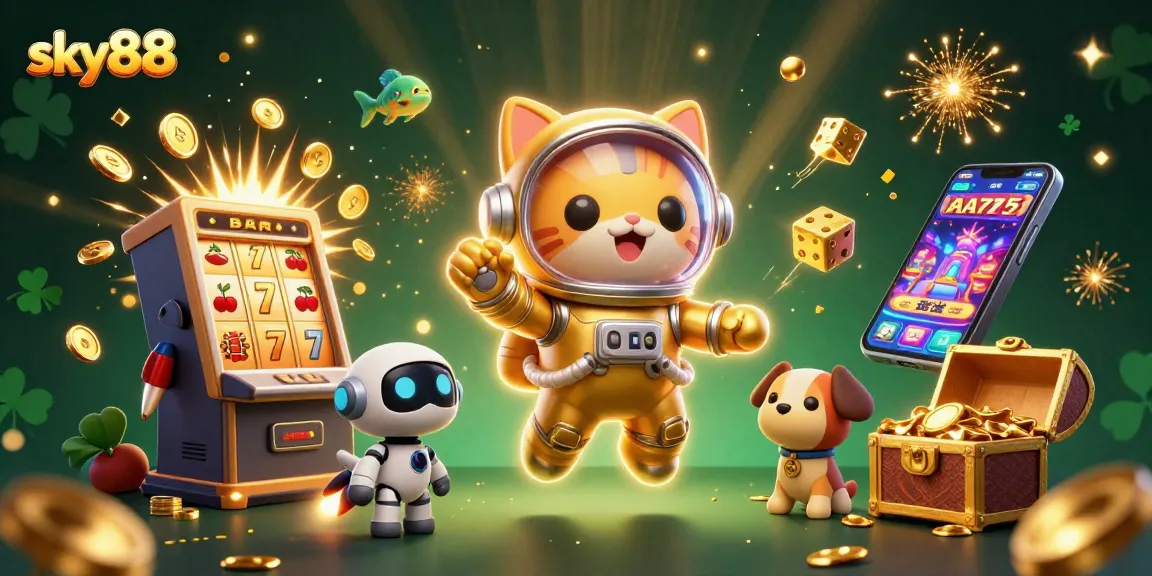 Engage with sky88's thrilling gaming experience featuring a 3D astronaut cat and vibrant slot machine scene.