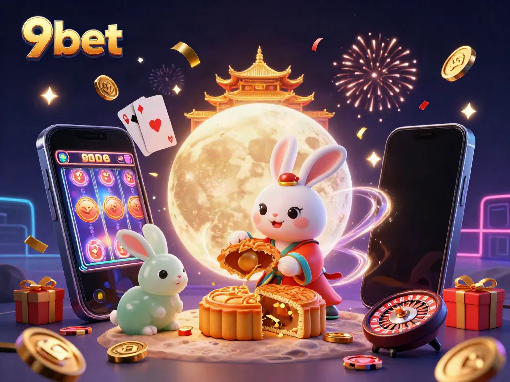Experience exciting gambling adventures with 9bet in an ultra-detailed 3D casino illustration featuring playful moon rabbits and casino elements.
