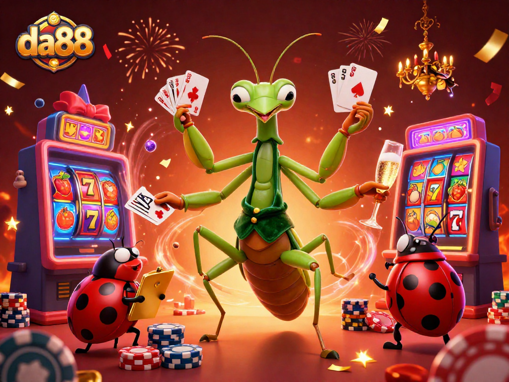 Engage with da88's vibrant casino scene featuring a unique praying mantis dealer and colorful gaming elements.