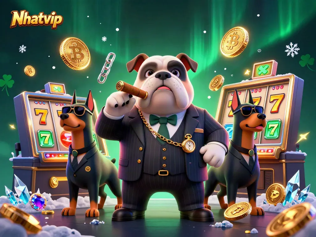 Nhatvip showcases a cartoon mafia boss bulldog amid a bustling slot machine scene filled with crypto coins and lights.