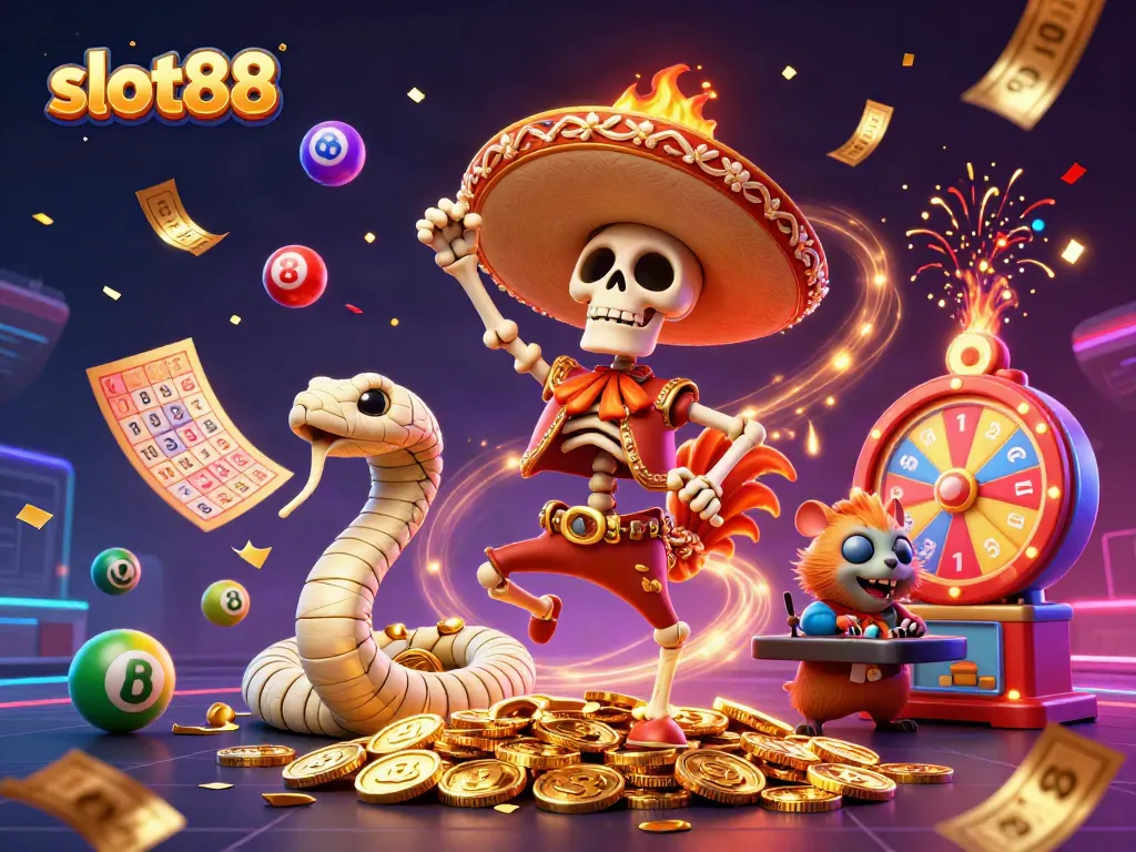 Experience the fun of slot88 with a vibrant 3D scene featuring a dancing mariachi rooster amidst casino elements.