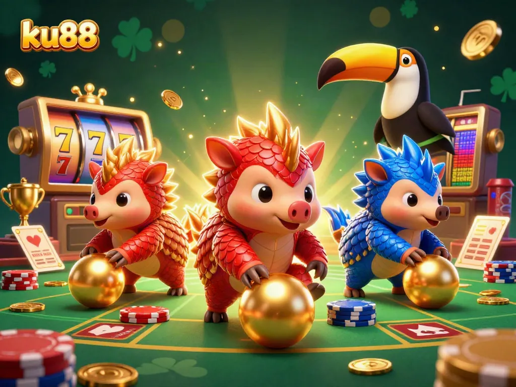 ku88 pangolins bowling through poker chips, creating an exciting gaming scene