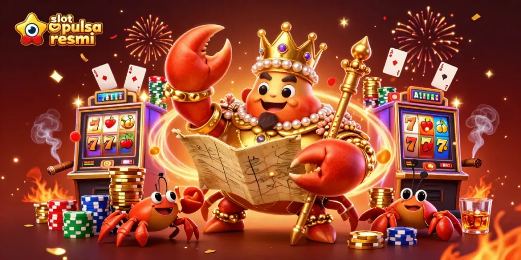 Spin and win at slot pulsa resmi with visually striking cartoon golden crab and vibrant game elements.
