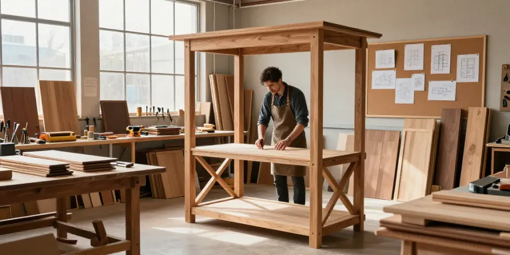 Custom wooden gazebo in a vibrant kayu77 furniture workshop, showcasing craftsmanship.