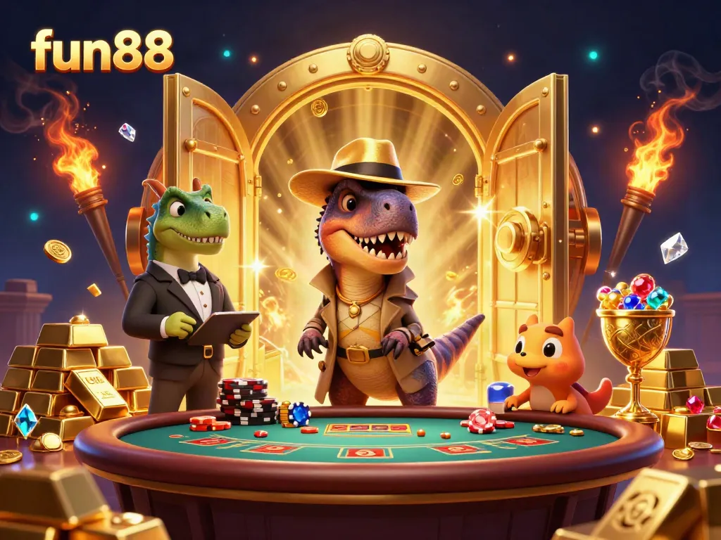 fun88 promotes excitement at the blackjack table, with a velociraptor card counter amidst glimmering treasures.