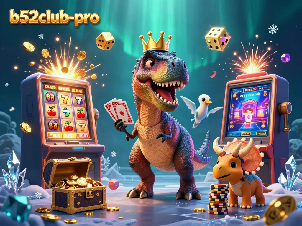 Experience fun with b52club-pro in an exciting 3D T-Rex and friends casino scene.