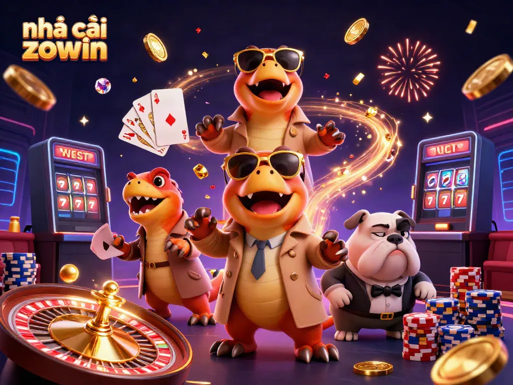 Experience the fun at nhà cái zowin with vibrant casino elements, raptors in trench coats, and a guarding bulldog.